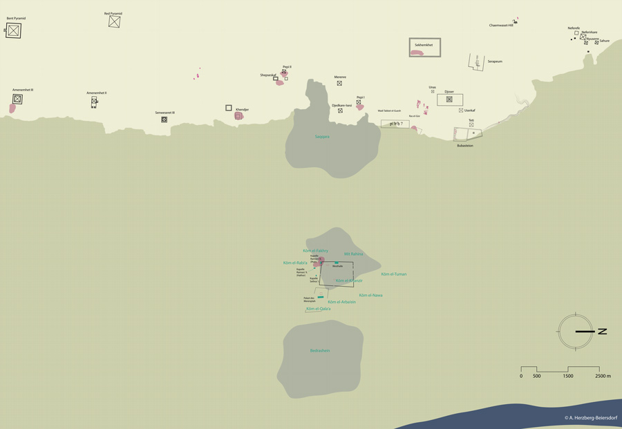 Map of the Memphite region with notification of New Kingdom burial sites.